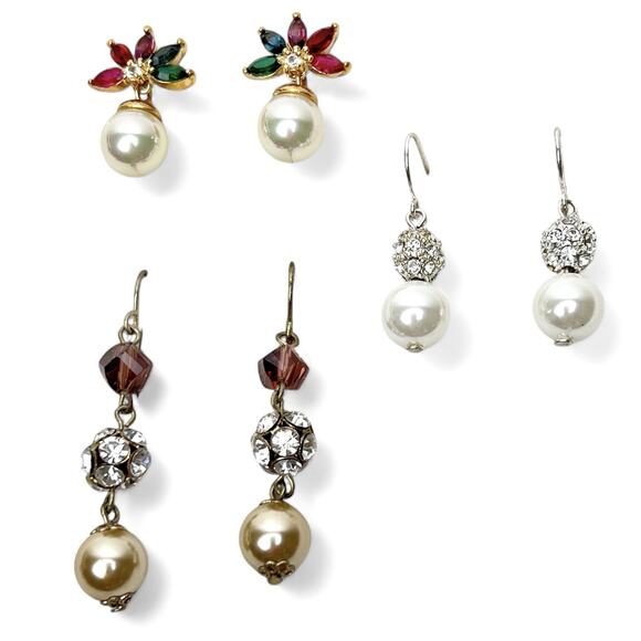 Drop Earrings Lot 3 Dangle Rhinestones Faux Pearl Colored Stones Pierced Sparkly - Picture 1 of 10